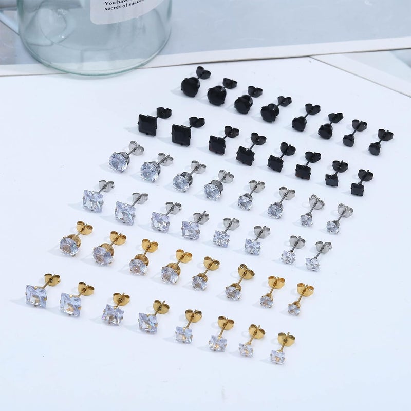 NEWITIN 24 Pairs Stainless Steel Earrings for Men Hypoallergenic Inlaid Cubic Zirconia Studs Hoop Earring Cross Dangle Earrings Unisex Punk Stud Earring for Women Men - Image 5